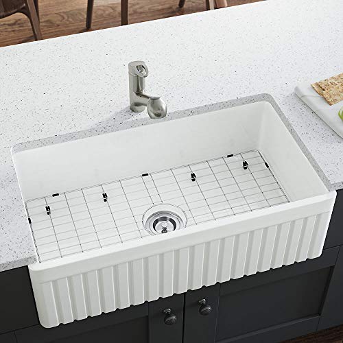 Up To 60% OFF MR Direct 411-ENS Fireclay Farmhouse 33 in. Single Bowl Kitchen Sink with Additional Accessories, White