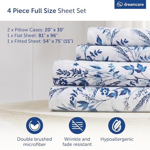 Image of DREAMCARE Full Size Sheets - Cooling Sheets - 4pcs Set - up to 15 inch Deep Pocket Full Sheet Set - Sheets Full Size Bed - Soft & Long Lasting 100% Fine Brushed Polyester with Side Pocket Floral Blue