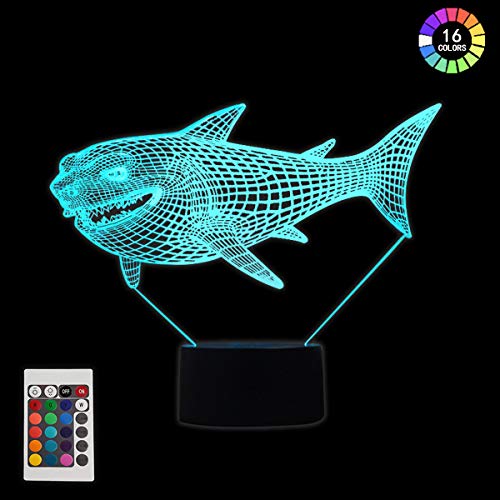 3D Lámpara óptico Illusions Luz Nocturna, KidsPark Tiburón LED Lámpara de Mesa Luces de Noche para Niños Decoración Tabla Lámpara de Escritorio Colores Cambio con Control Remoto y Cable USB