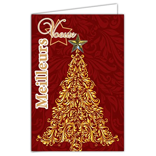 Set of 10 Cards + 10 Envelopes - Best Wishes Christmas Tree Collage Star Gold LOT10-61-4069-A BA, multi-coloured