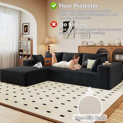Image of 96 inch Modular Sectional Sofa, Modern Corduroy Cloud Couch with Deep Seat, Boneless Couch Upholstered 3-Seater L-Shaped Sofa for Living Room, No Assembly Required (Black, Left-Facing Chaise)