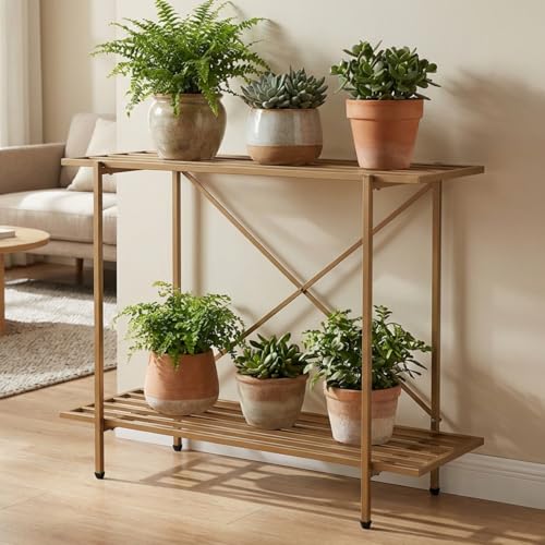 Image of ecofynd Eric Plant Stands for Outdoor Balcony, Flower Pot Stand for Indoor Plants, Large Metal Planter Stand for Living Room, home decor, Indoor & Outdoor plants, 2 Tier (35 Inch, PS041-GO)