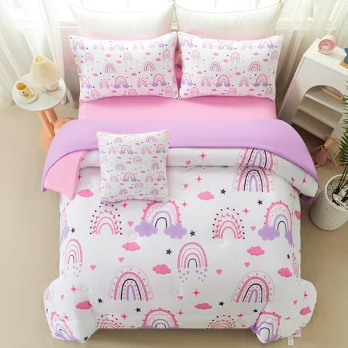 Image of 6 Pcs Full Size Bed in A Bag Purple Rainbow Girls Comforter Set with Sheets Colorful Cloud Printed Teen Girl Bedding Soft Lightweight Kids Bed Set for Bedroom Decor (Purple Rainbow, Full)
