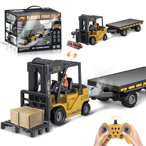 Ferngesteuertes Gabelstapler spielzeug 1:24 mit Anhänger Nebel Lichtern & Geräuschen Kranmodus 2 USB-aufladbare Batterien Fernbedienungs-Lkw für Kinder ab 3 Jahren interessantes Geschenk