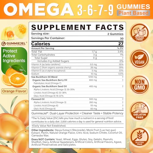 Image of Omega 3-6-7-9 Gummies, Organic Sea Buckthorn Oil 1200MG & Flaxseed Oil 500MG, Vegan Omega 7 Supplement w /Vitamin A, C, E, Fatty Acids, No Fish Taste, Supports Skin, Eye, Immune, Brain Health, 60 Cts