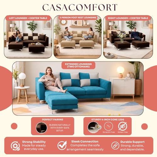Image of Juliet 4 Seater L Shape Sofa Set with Movable Ottomans | Flexible Layout | Rich Velvet Suede Fabric | Silver Legs | Modern Sofa for Living Room (Dark Brown)