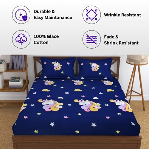 Image of Kids Microfiber 210 TC Cartoon Bedsheet for Double Bed | Cute Animal Print (King Bedsheet with 2 Pillow Covers, 90 X 96 in / 7.5 x 8 Ft, Unicorn, Blue & Yellow)