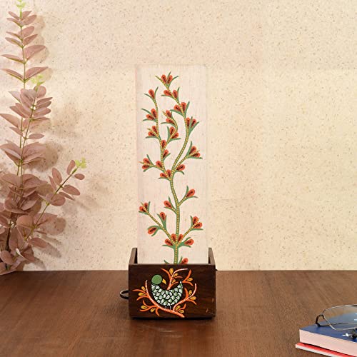 Image of AAKRITI ART CREATIONS Teak Wood Table Lamp for Study Room, Bedroom & Living Room Decoration | Madhubani Botanical Floral Vines Bedside Lamp with Cotton Fabric Shade | Aesthetic Night Lamp