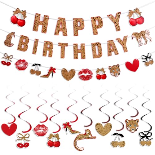 Image of Cheetah Birthday Party Decorations, Pre-Strung Leopard Hanging Banner | Red and Black Cheetah Cherry Banner with Cute Cherries Hanging Swirls for Women Girls Birthday Supplies