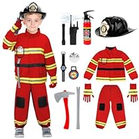deAO Fireman Costume, Fireman Outfit for 3 4 5 6 7 8 Year Old, Boys Girls Fireman Outfit for 90cm~120cm, Fireman Set for Kids with Dress Up Set with Gloves, Helmet, Hose and Toolbox