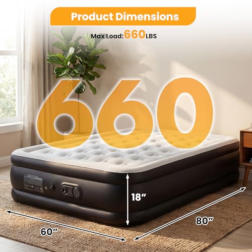 NEWBULIG Queen Air Mattress 18 Inch with Built-in High Capacity Pump, Inflatable Air Bed for Home, Camping & Guest, Portable Blow Up Mattress 660 lbs Weight Capacity, Double Height & Non-Slip Bottom