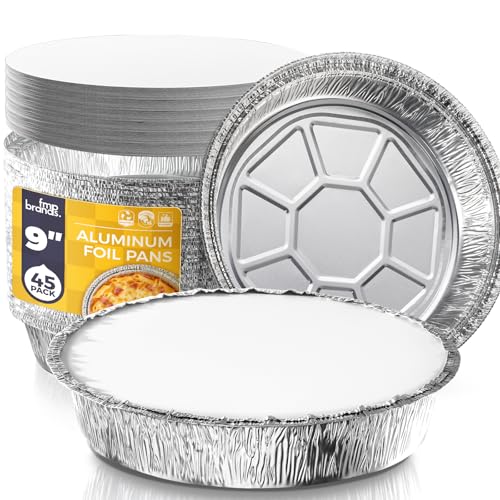 Fit Meal Prep 45 Pack 9” Round Aluminum Foil Pans with Lids, Pie Tins Disposable 9 inch with Lids, Take Out Containers, Freezer Oven Safe Aluminum Baking Pans for Storing, Cooking, Storage, Reheating