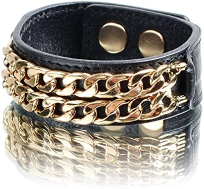 Amazon Saint Laurent Paris Bracelet型 サン ローラン パリ スタイル Vamp Black Gold ブラック ゴールド 黒金本革レザー 2連チェーン レディース メンズ バングル ブレスレット 重ね付け アクセサリー 男女兼用 バングル 通販