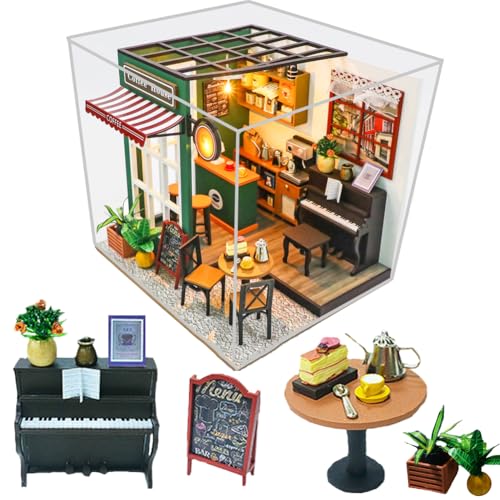 TOPBSFARNY Kit de casa de muñecas en miniatura, casa de café, miniaturas de madera, kits de modelos, regalos de cumpleaños de Navidad (con cubierta antipolvo)