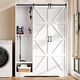 Homiflex Broom Closet Storage Cabinet, 67' H Wooden Vacuum Storage Cabinet, Utility Closet with Sliding Door, Cleaning Tool Organizer with Shelf and 6 Pack Broom Holder, 67.1' H×47.2' W×15.7' D, White