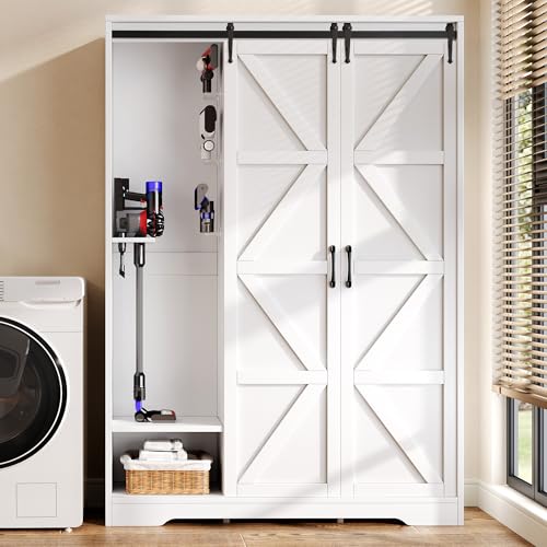Image of Homiflex Broom Closet Storage Cabinet, 67" H Wooden Vacuum Storage Cabinet, Utility Closet with Sliding Door, Cleaning Tool Organizer with Shelf and 6 Pack Broom Holder, 67.1" H×47.2" W×15.7" D, White