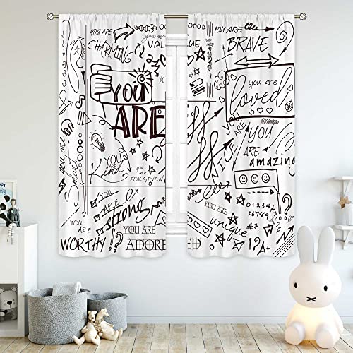 Cinbloo Inspirierende Vorhänge für Jungen, schwarz-weiß, 107x160 cm, Stangentasche, positive Zitate für Teenager, Mädchen, Kinder, abstrakt, motivierend, Kunstdruck, Wohnzimmer, Stoff, 2 Paneele Cover