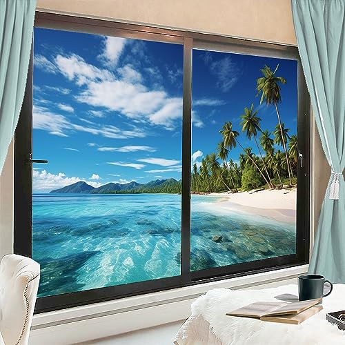 Tranquil Coastal Views Stained Glass Window Film Palm Trees Beach Contemporary Retro Privacy Window Film Non-Adhesive Glass Film Decorative Static Cling Film for Home Office 17.7Wx23.6L-inch x2 Pcs