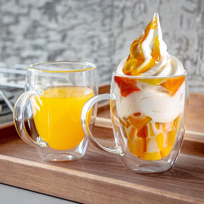 Image of KELVEE Double Walled Insulated Glass Coffee Mugs Set of 2, Double Layer Tea Cups with Handle for Latte, Cappuccino, Espresso, Iced Tea Dishwasher & Microwave Safe (350ml) (2)