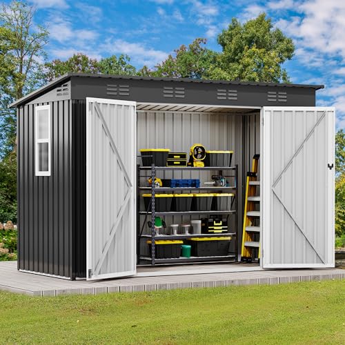 Image of DWVO 9x4ft Metal Outdoor Storage Shed with Window, Lockable Tool Storage Sheds, Oversized Steel Garden Sheds with Sloped Roof for Backyard, Patio, Garage, Lawn, Dark Gray