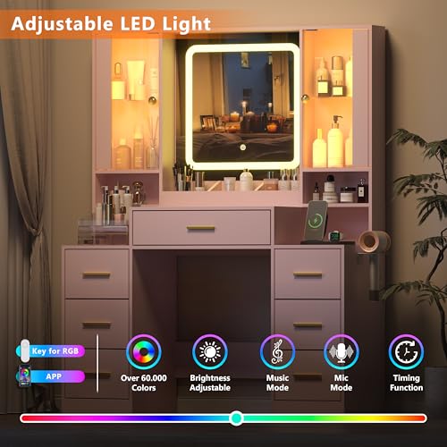 Image of Wodeer Pink Makeup Vanity Desk with Mirror & Lights, Modern Vanity Table with Charging Station, 7 Drawers, Glass Cabinet, Adjustable Shelves, Bedroom Dressing Table Set for Women & Girls