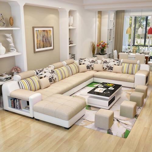 Image of Torque Callister 12 Seater Sofa Set for Living Room (Beige) | Interchangeable U Shape Sectional Sofa | Solid Wood Frame & High-Density Supersoft Foam | Includes Puffy & Stool | Modern Home Furniture
