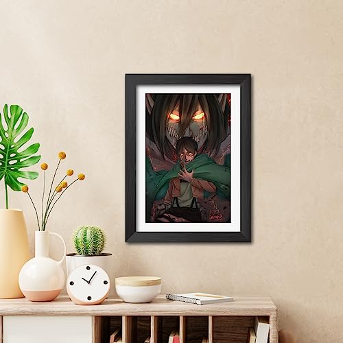 Image of TenorArts Eren Yeager Photo Frame Attack on Titan Anime Laminated Poster Framed Painting with Matt Finish Black Textures (12inches x 9inches)