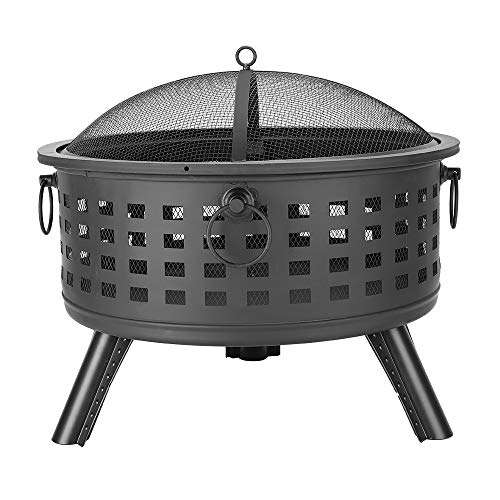QIANQBKN 26” Round Lattice Fire Pit Bowl, Outdoor Wood Burning, Iron, 3 Legs