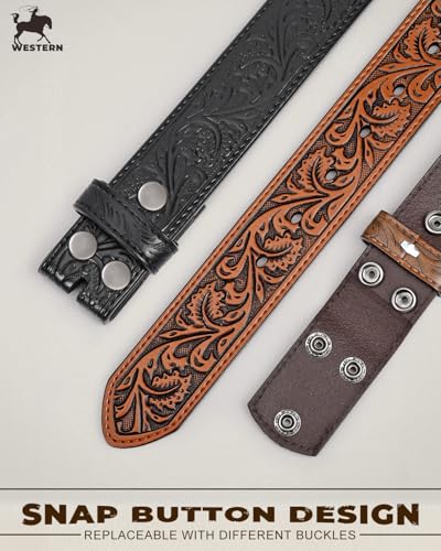 Image of BELTROAD Western Leather Belt Strap for Men Women 2 Pcs Cowboy Cowgirl Belt | 1.5 inch Men's Western Belt without Buckle Embossed Cowboy Leather Belts for Jeans Rodeo Country Party Halloween Belt Men Gifts