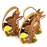 Wunderschöne kleine Filztaschen mit Tragegriff. Die Taschen haben die Form eines Osterhasen in braun, der ein gelbes Osterei trägt.