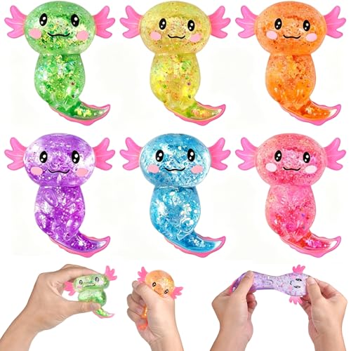 Axolotl Squishy Stress Balls 6 Pcs Squishy Fidget Toys for Adults Glitter Squishys Toys Soft Slow Rising Squeeze Sensory Stress Toys for Anxiety Stress Relief Decompression