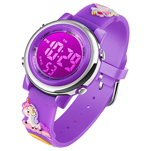 Image of Kids Watch Girls Age 3-10 - Upgrade 3D Cute Unicorn Cartoon 7 Color Lights Digital Waterproof Sports Outdoor LED Watches with Alarm Stopwatch for 3-10 Year Boys Girls Little Child Purple - Best Gift