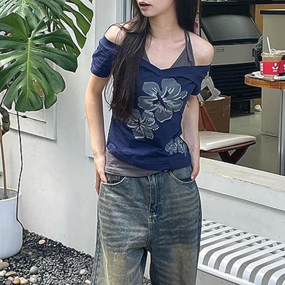 Y2k Baby Tee Women Crop Top Summer 2025 Streetwear 2000s Goth Emo Grunge Shirts Fake 2 Piece Grahpic Tees2