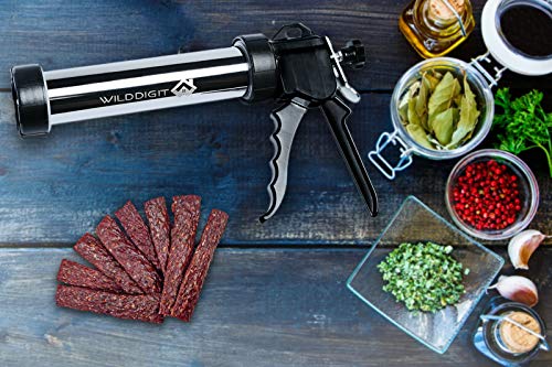 WILDDIGIT Beef Jerky Gun, Jerky Maker Gun, Easy Clean Stainless Steel Jerky Making Kits, Handheld Sausage Stuffers with 5 Pcs Beef Stick & Flat Strip Nozzles (Stainless Steel) and 6 Pcs Brushes