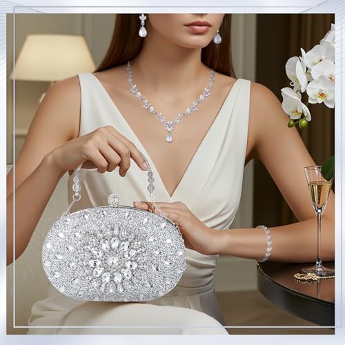 Image of Quelay 4 Pcs Purse Rhinestone Jewelry Set for Wedding Bridal Women Evening Clutch Bag Necklace Dangle Earrings Bracelets