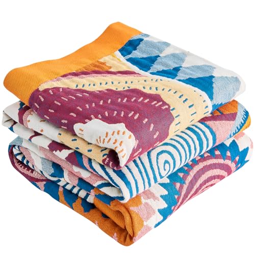 Boho-Überwurfdecke für Bett – 100 % Baumwolle, ultraweich, luxuriös, rustikale Herbstdecke, Vogeldruck, Bauernhaus-Dekor, Bettdecken, Überwurf für Wohnzimmer, Sofa, Couch, Stuhl (bunte Sonne, 150 x
