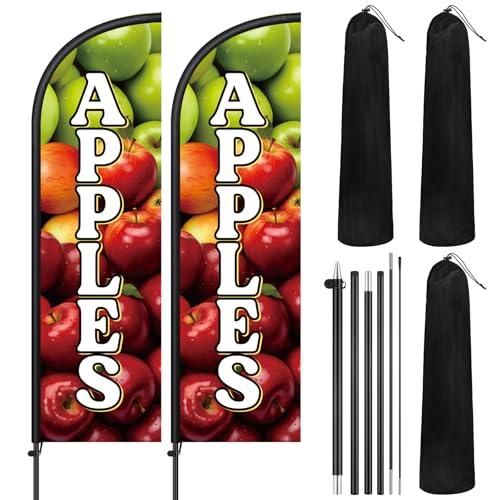 Image of Remagr 2 Pack Apples Feather Flag 7 ft Advertising Swooper Flag Sign Windless Apples Banner with Pole Kit and Ground Stake for Businesses Restaurants Outside Ground