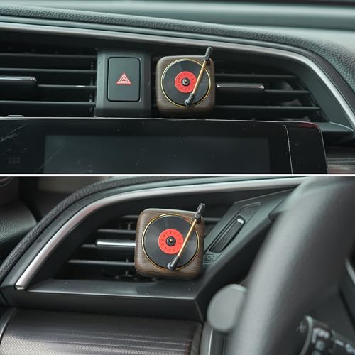 Image of Record Player Car Vent Clips Air Freshener Retro Style Album Cover Car Air Conditioning Outlet Clip Fragrance Diffuser Car Interior Decoration Accessories, Wood Grain