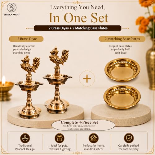 Image of Brass Peacock Kuthu Vilakku 5-Inch Compact Set of 2 with 2 Matching Base Plates, Samai Deepam Oil Lamps