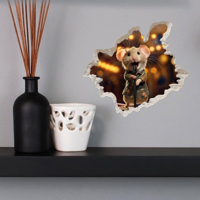 Miniatura 2 de Calcomanía de pared 3D de ratón cantando en el agujero del ratón, decoración del hogar de dibujos animados, arte de vinilo, estantería, portátil,