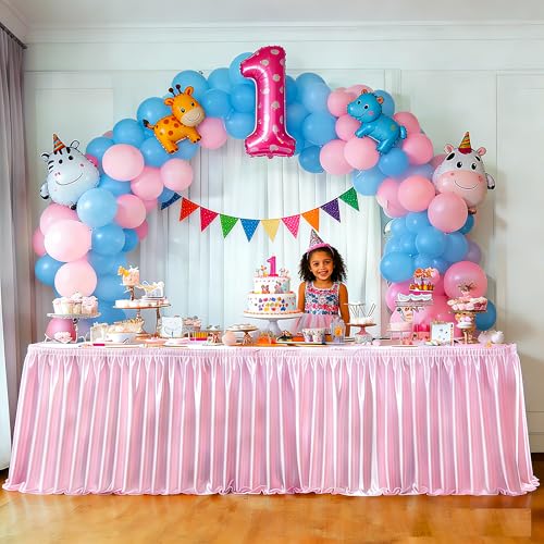 Wish Care 14ft Length Pink Satin Table Skirt for Rectangle Tables Wrinkle Free Glitter Desk Skirting Pleated Ruffle Table Cloth for Princess Girls Birthday Baby Shower Party Cake Table Decorations by Wish Care - Used condition - US$19.50