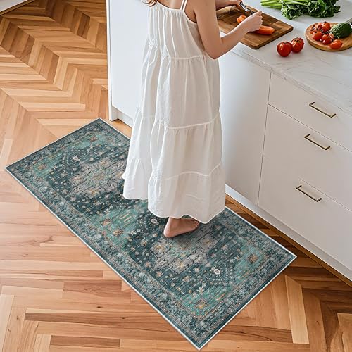 Living Room 2x5 Runner Rugs - Boho Rugs for Living Room Stain Resistant Carpet Vintage Tribal Rugs for Bedroom Kitchen Bathroom with Non Slip Backing Home Decor Floor Decoration Mat 2x5 Teal