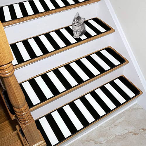 Stair Treads Carpet Runners For Wooden Steps Indoor Striped Black And White Rubber Non Slip Stair Runner Rug Mats Kids Dogs Outdoor Step Covers 13Pcs, 30 Inches X8 Inches X0.3 Inches -13Pcs #TOP2