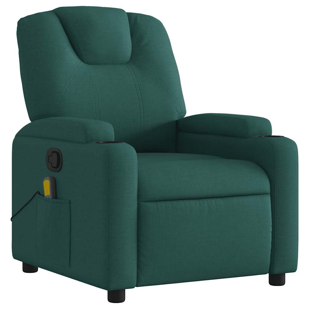 Sillón de masaje de tela verde oscuro con función reclinable manual y 6 puntos de masaje, función de vibración, control manual, soporte para bebidas, bolsillo lateral, madera, marco de metal