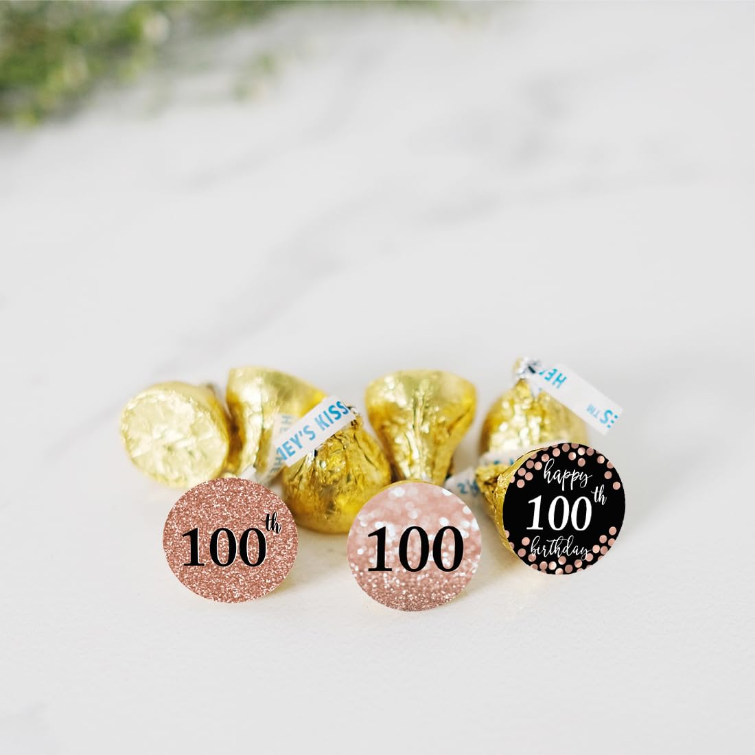 Andaz Press Glitzy Faux Rose Gold Glitter Milestone Chocolate Drop Labels, Cheers to 100 Years, 100th Birthday or Anniversary, 240-Pack, Not Real Glitter, Fits Kisses Party Colored Supplies