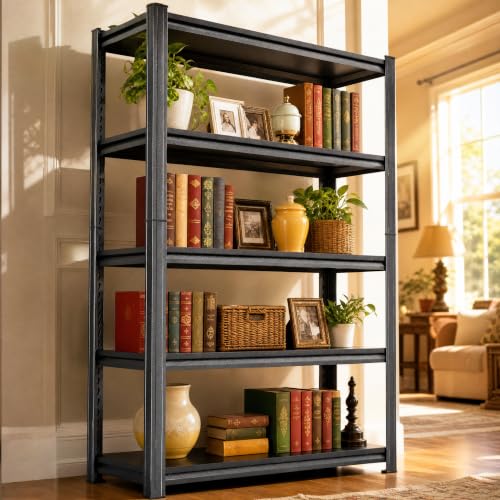 Image of 5 Tier Black Metal Bookshelf, Industrial Corner Book Case Shelving Unit, Heavy Duty Steel Storage Rack Shelves Organizer for Books Plants Decor, Free Standing Shelf for Living Room Bedroom Office