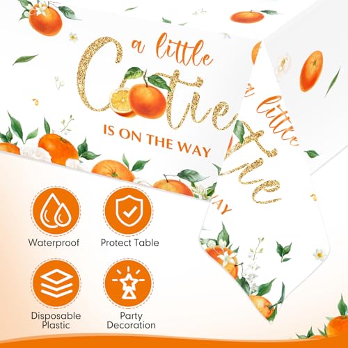 Image of Ganeen 3 Pcs Little Cutie Baby Shower Tablecloth Disposable Plastic Tangerine Tablecloth Little Cutie Is on the Way Table Cover for Baby Shower Decor Orange Fruit Birthday Party Supplies 54 x 108 Inch