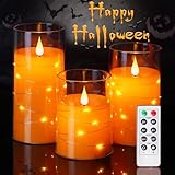 Homemory Halloween Orange Flameless Candles with String Lights, Battery Operated LED Candles with Remote and Timer, Candles for Halloween Decoration, Fall, Harvest Festival