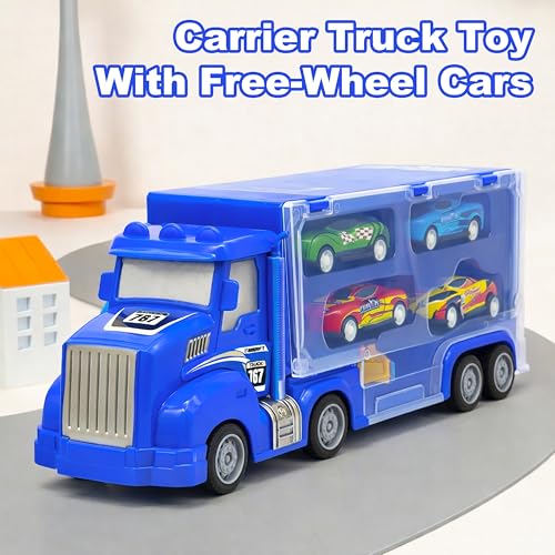 Image of VGRASSP Push and Go Carrier Truck Toy for Kids with 4 Mini Cars and Launch Button - Interactive Transport Vehicle Toy with Built-in Car Storage - Color As Per Stock