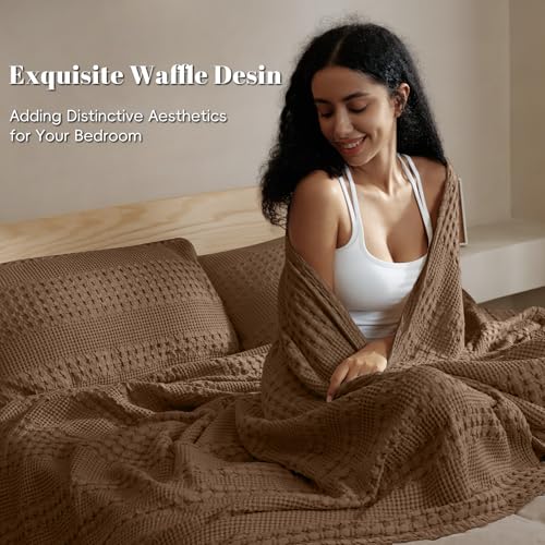 Image of PHF 100% Cotton Waffle Blanket King Size for Bed, Lightweight Breathable and Soft for Summer, Luxury Aesthetic Waffle Weave Blanket for Home Decor & Gifts for Women, 108 inchx90 inch, Chocolate